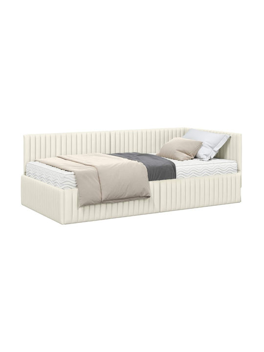 Canapea Pat Single Tapițat Cu Catifea Crem Cu Plăci Și Saltea 90x200cm