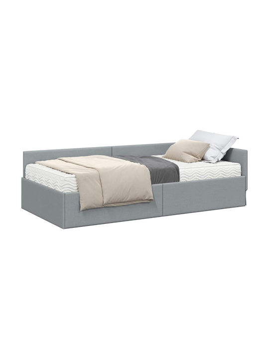 Pat Single Tapițat cu Material Gri Deschis cu Plăci și Saltea 100x200cm
