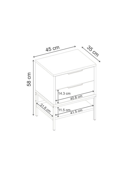Bedside Table Mars Wooden with Metal Legs Brown 45x35x58cm