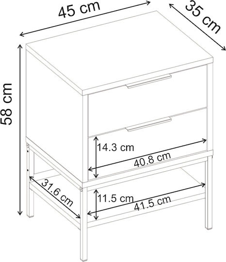 Bedside Table Mars Wooden with Metal Legs Brown 45x35x58cm