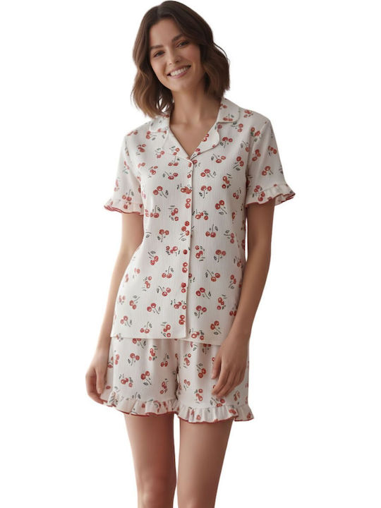 Asel Summer Women's Pajama Set Ecru-Red
