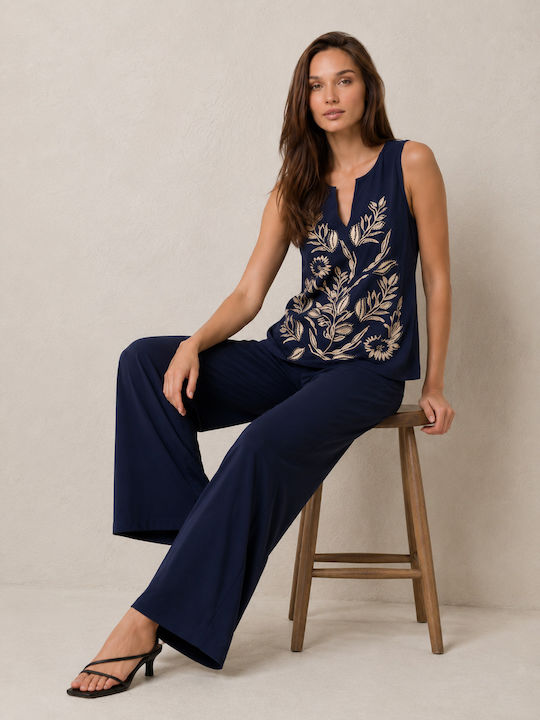 Women's Sleeveless Floral Blue Blouse