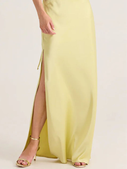 Summer Maxi Evening Slip Dress Satin with Mesh Yellow