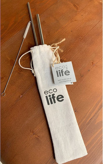 Ecolife Сламки Метални Сребристи с Четка 2 Броя