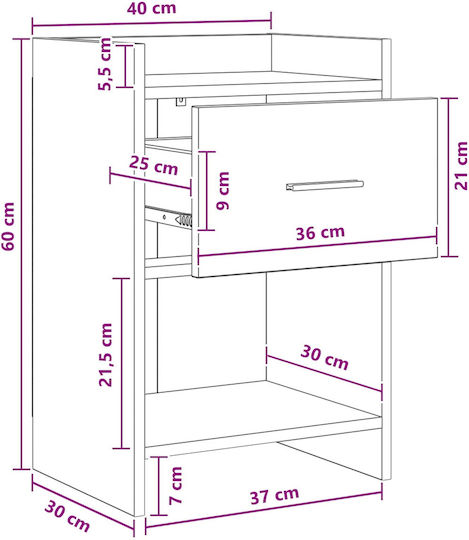 Metal Bedside Table With Black Glass Surface 40x36x60cm