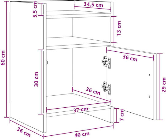 Metal Bedside Table with Brown Glass Surface 40x36x60cm