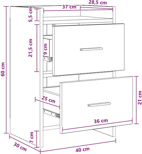 Wooden Bedside Table With Metal Legs White 40x30x60cm