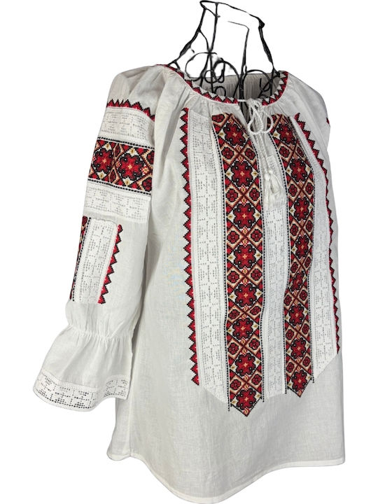 Women's Cotton Long Sleeve Blouse White Orange