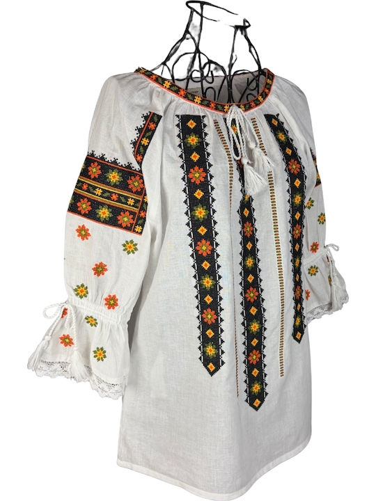 Bluza Damă Bumbac Mânecă Lungă Alb/Portocaliu