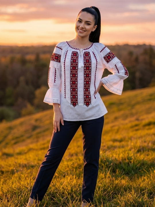 Women's Cotton Long Sleeve Blouse White Orange