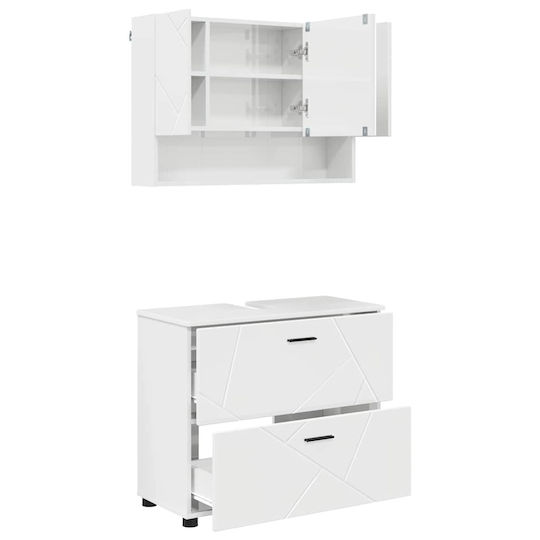 vidaXL Blat cu Lavoar, Oglindă & Coloană cu lumină L76.5xW35xH64cm Glossy White