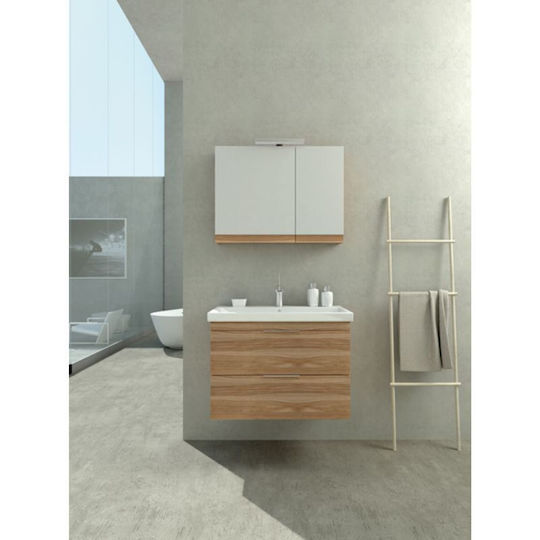 Badezimmer Waschtisch-Einheit mit Waschbecken und Spiegel mit Licht Melamina Light Hickory