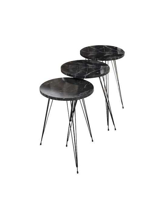 Round Side Coffee Table Wakmi Wooden Black Marble 3 Pieces W33xL33xH55cm