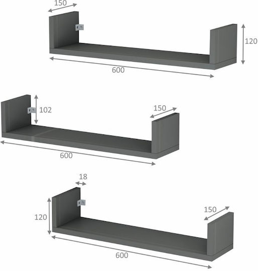 Dark Anthracite Wall Shelves (3 Pieces) 60x15x12cm