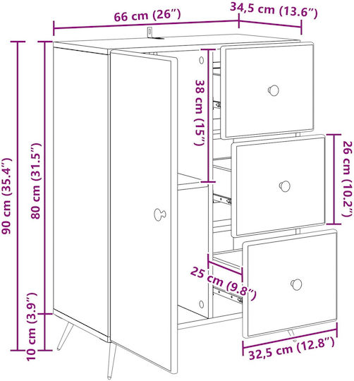 Holzsideboard mit Schubladen Weiß 66x34,5x90cm