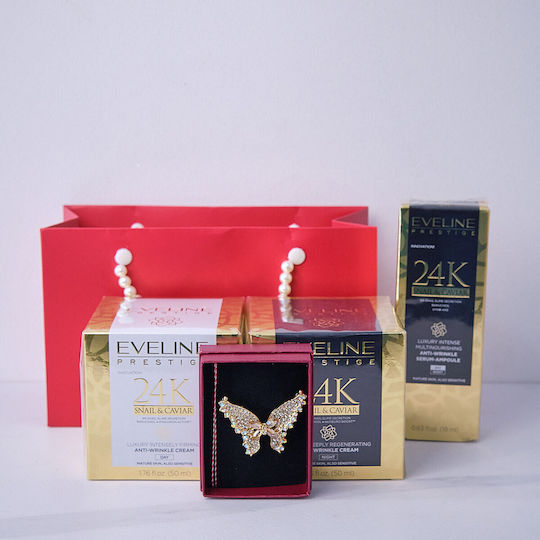Tenderness Gift Set Butterfly Martisor Brooch Eveline Prestige Snail Caviar Anti-aging Day Cream 50 Ml Eveline Prestige Snail Caviar Face Serum In Elegant Handbag-style Pouch Red Gold