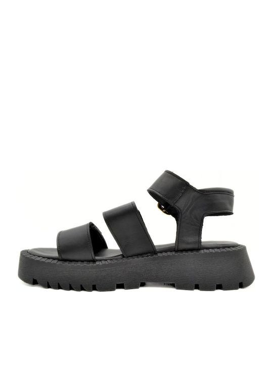 Δερμάτινα Γυναικεία Σανδάλια Flatforms Μαύρα