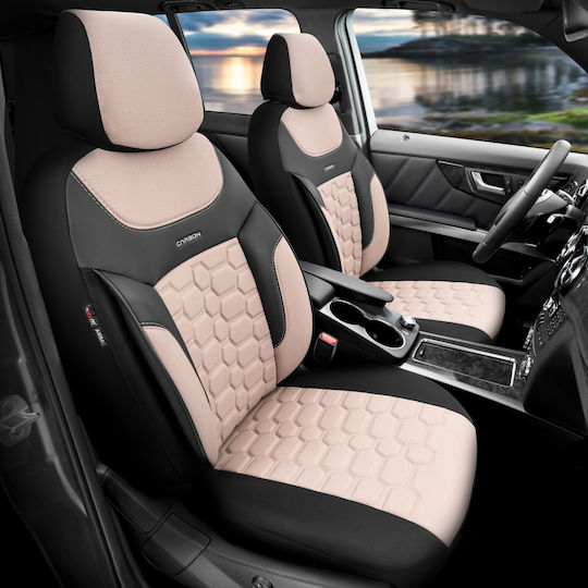 Комплект Калъфи За Автомобилни Седалки Otom Carbon Design Универсален Памучен Плат Кожен Предни Задни 11 Броя Бежови
