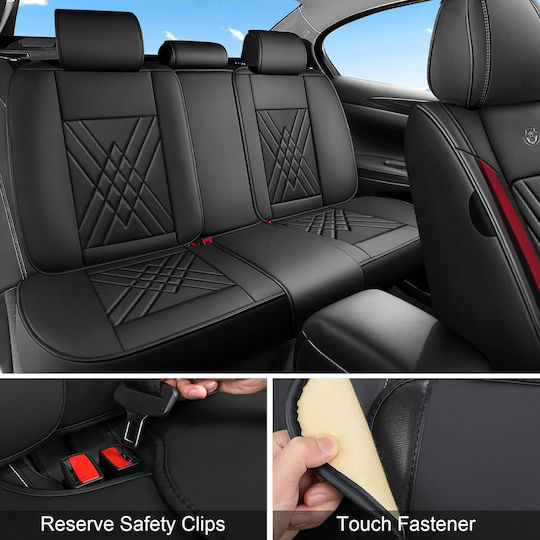 Autositzbezüge Set Universal Eco Leder Vorne Hinten Schwarz Rot Design