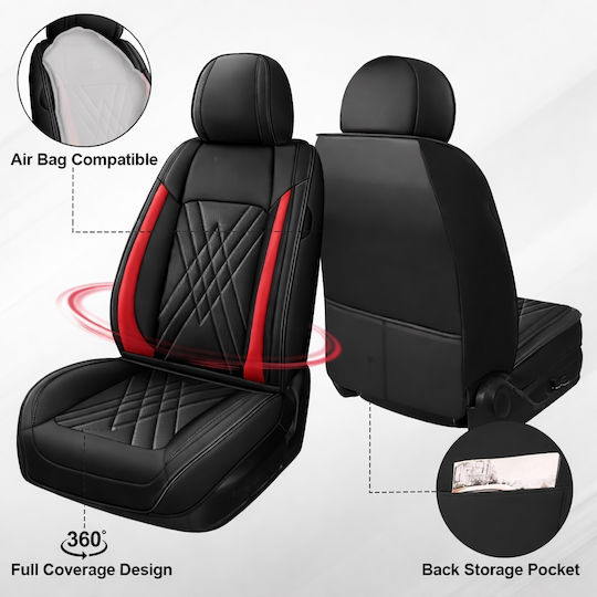 Autositzbezüge Set Universal Eco Leder Vorne Hinten Schwarz Rot Design