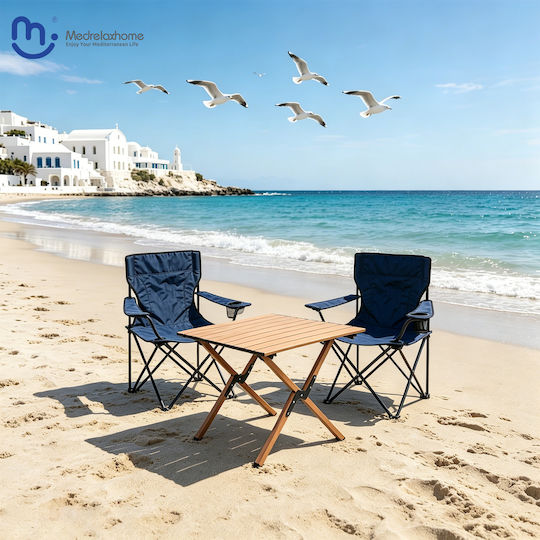 Medrelaxhome 3 Pieces Set with Folding Beach Table Compact and 2 Folding Camping Chairs Deluxe Blue