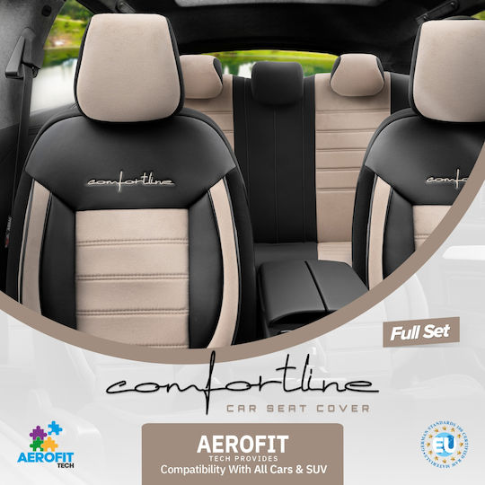 Комплект Калъфи За Автомобилни Седалки Otom Comfortline Design Universal Плат Сует Изкуствена Кожа Предни Задни 11 Броя Черен Бежов