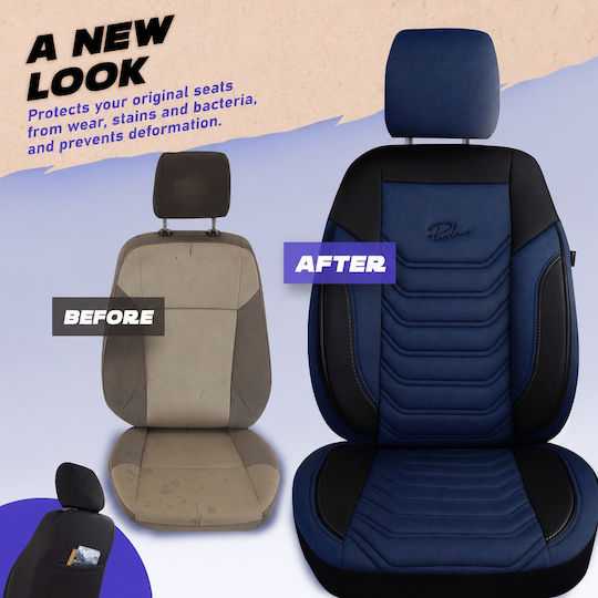 Комплект Калъфи За Автомобилни Седалки Universal Panda Florida Плат Еко Кожа Предни Задни Черен Син