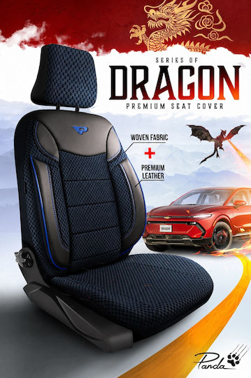 Σετ Καλύμματα Αυτοκινήτου Universal Panda Dragon Ύφασμα Eco Δέρμα Εμπρός Πίσω Μαύρο Μπλέ Μπλέ Ρίγα