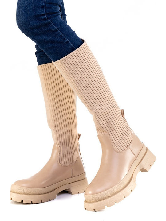 Leather Women's Boots Beige