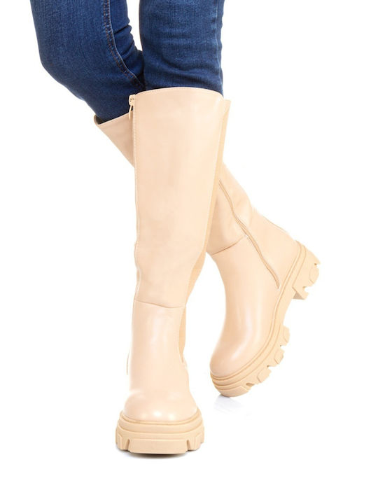 Leder Damenstiefel mit Mittelhohem Absatz Beige