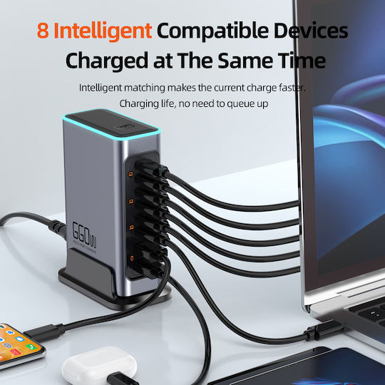 Powertech GaN Charging Station with 2 USB-A Ports and 6 USB-C Ports 140W Power Delivery / Quick Charge 3.0 in Grey (PT-1621)