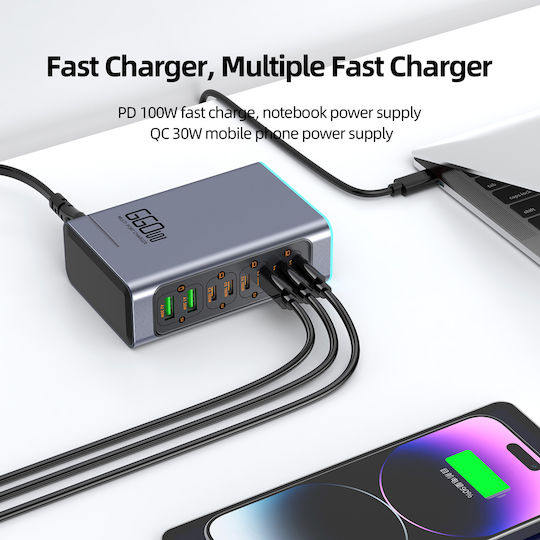 Powertech GaN Charging Station with 2 USB-A Ports and 6 USB-C Ports 140W Power Delivery / Quick Charge 3.0 in Grey (PT-1621)