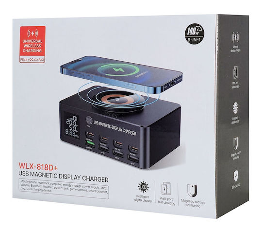 Powertech Βάση Φόρτισης με 4 Θύρες USB-A και 4 Θύρες USB-C 140W Power Delivery / Quick Charge 4.0 σε Μαύρο χρώμα (PT-1625)