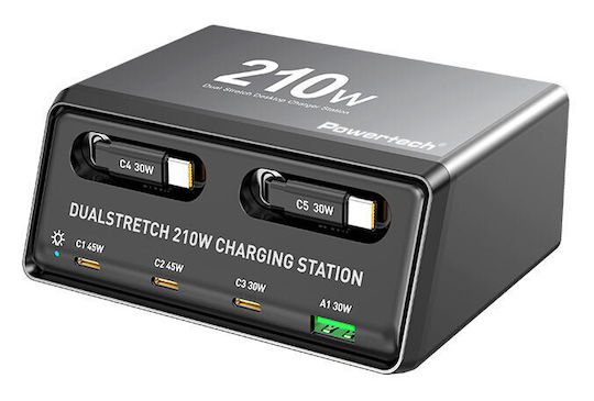 Powertech Βάση Φόρτισης GaN με Θύρα USB-A και 3 Θύρες USB-C και Καλώδιο USB-C 210W Power Delivery / Quick Charge 4+ σε Μαύρο χρώμα (PT-1623)