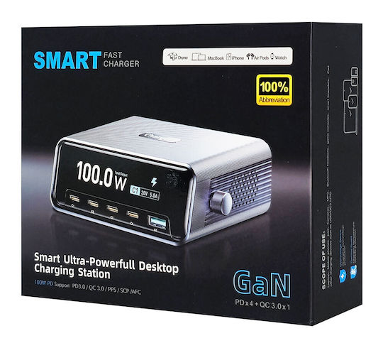 Powertech Βάση Φόρτισης GaN με Θύρα USB-A και 4 Θύρες USB-C 100W Power Delivery / Quick Charge 4.0 σε Γκρι χρώμα (PT-1622)