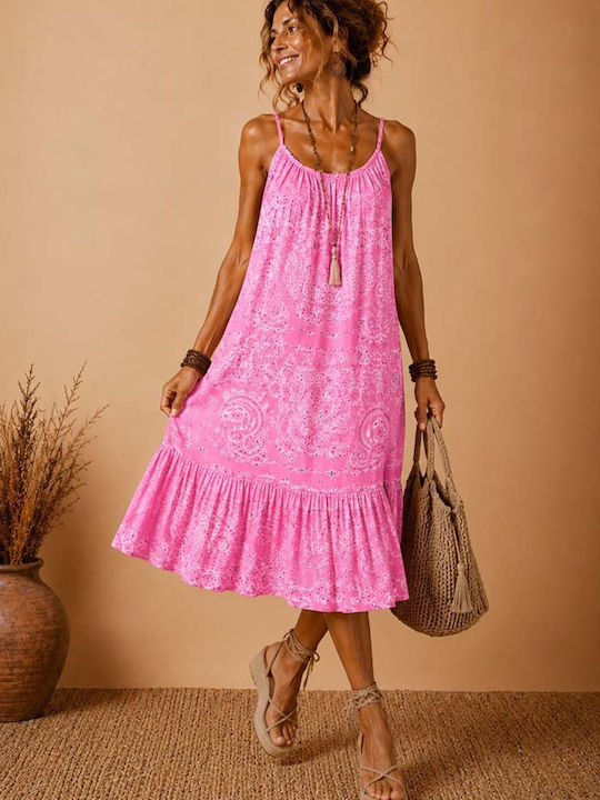 Summer Midi Dress with Ruffles Bubblegum Pink