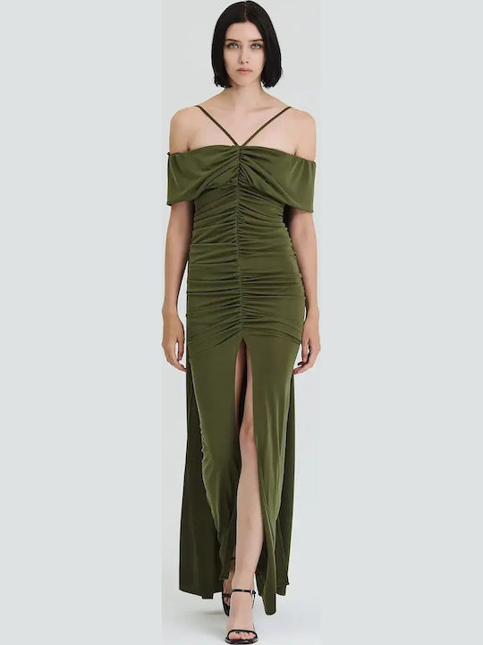 Summer Maxi Evening Drape Dress with Slit Olive
