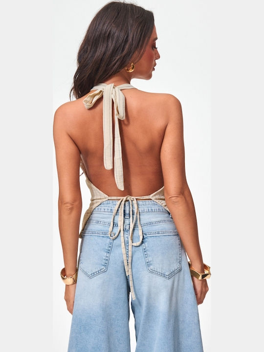 Women's Sleeveless Striped Beige Blouse