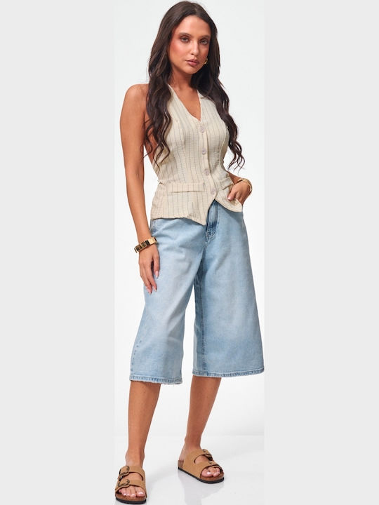 Women's Sleeveless Striped Beige Blouse