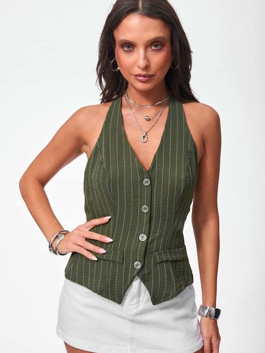 Women's Sleeveless Striped Khaki Blouse