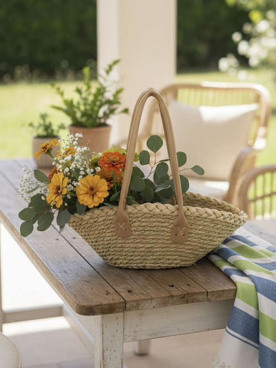 JK Home Decoration Σετ Διακοσμητικά Καλάθια Ψάθινα με Χερούλια Μπεζ 2τμχ