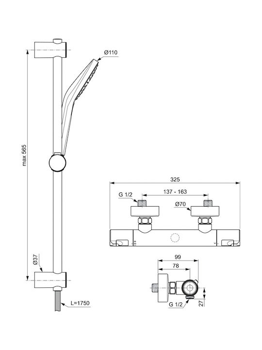 Ideal Standard Ceratherm Shower Column with Bathtub Mixer 56.5cm Silver