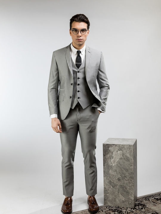Summer Men's Suit with Slim Fit Grey Blue