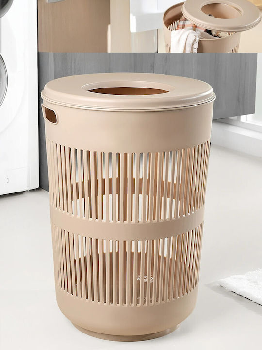 SteweHome Set Laundry Baskets Plastic Collapsible 60l with Lid 36x57x23.5cm Beige
