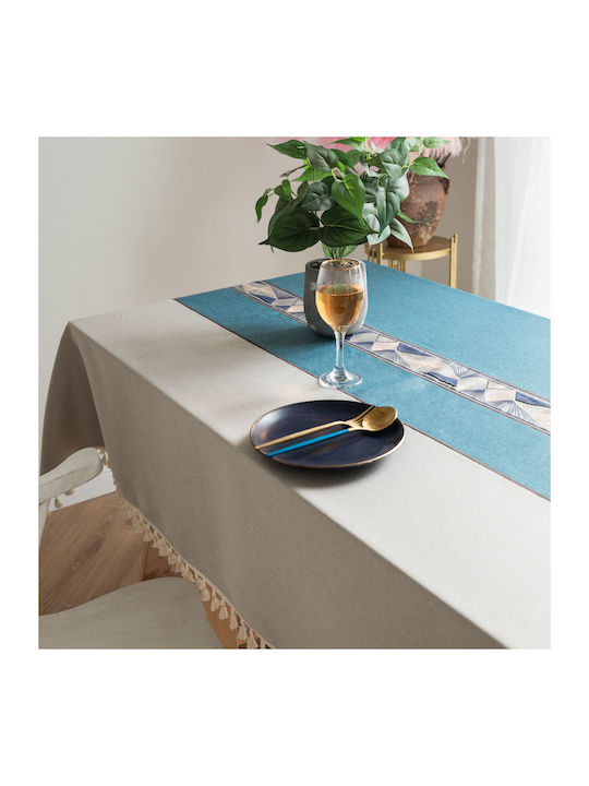 FRIPIA Покривка за маса Лен с Бродерия Бяла и Светлосиня 140x250см