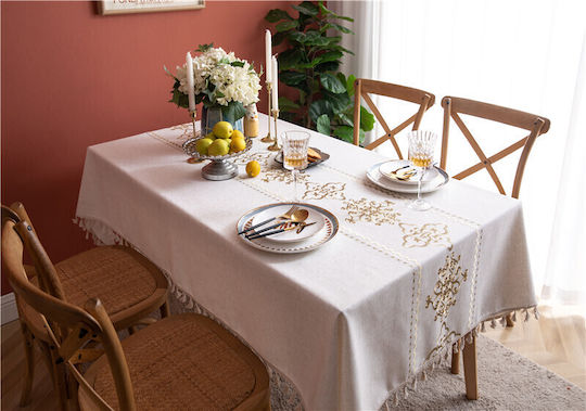 FRIPIA Linen Tablecloth With Ecru Embroidery 120x160cm FRIPIA Linen Tablecloth With Ecru Embroidery 120x160cm