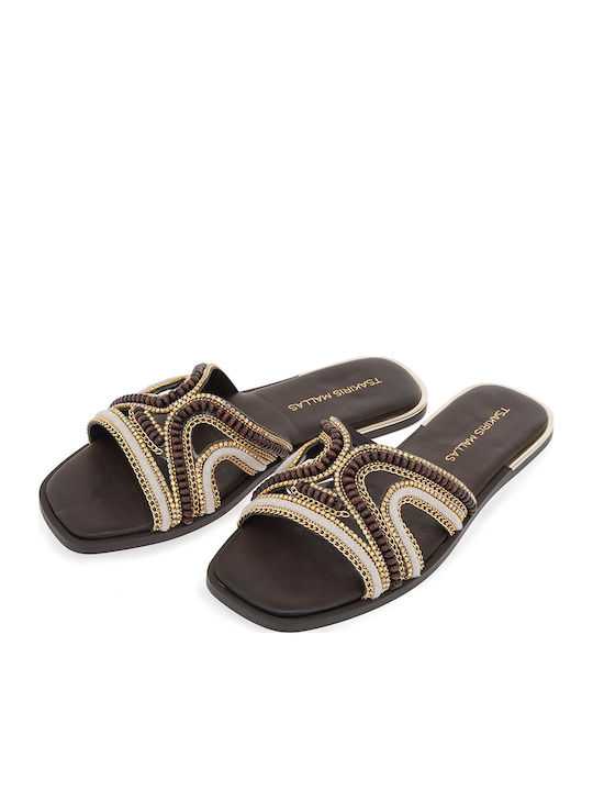 Leather Women's Flat Sandals Brown