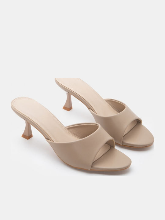Mules With Low Heel In Beige Colour