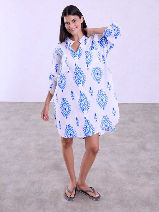 Celestino Women's Caftan Shirt Asymmetric Pockets Loose Fit Blue