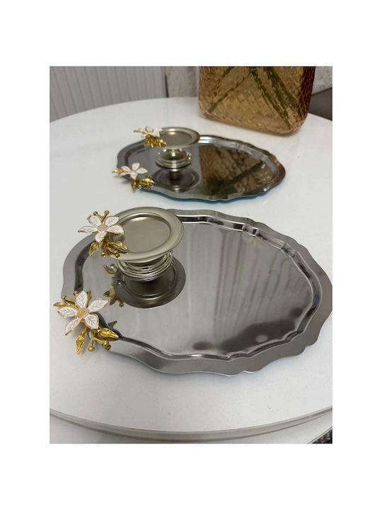 Stewehome Set 2 Oval Trays Decorative Lily 2 Silver Food Jars Loukoumia Lily Stainless Steel 25x20 Cm